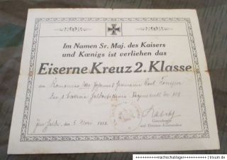Verleihungsurkunde Schmuckurkunde Eisernes Kreuz II.Klasse 1914   WK1