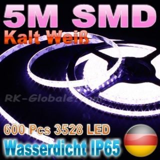 5M 3528 SMD LED Selbstklebend Wasserdicht Leiste Strip 600 Kalt Weiss