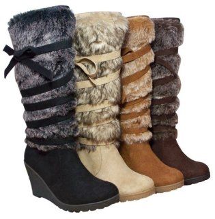 Wedge Bottom Tall Boots With Suede Upper And Fur Calf: Shoes