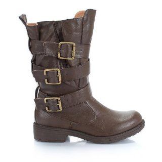  Qupid Reggae 01 Buckle Studded Mid Calf Boot Brown 6 M US: Shoes
