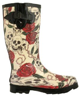 NEW LADIES SKULL ROSES FESTIVAL WELLIES RAIN BOOTS, SIZE US 10 Shoes