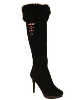  Classic Brown Knee High Boots with Real Rabbit Fur (6.5): Shoes