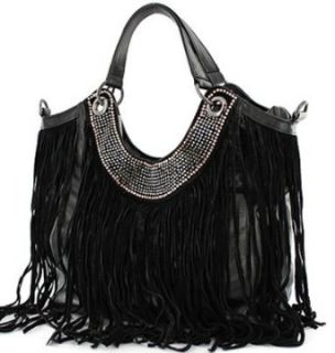Galian Designer Rhinestone Fringe Handbag Black Clothing