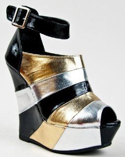  26 Tri Tone Peep Toe Wedge Heel Platform Ankle Strap Shoe: Shoes