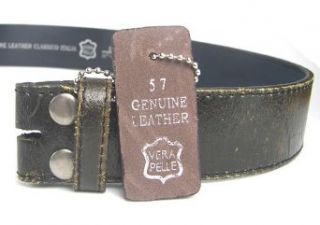 Distressed Black Leather Strap Belt Snap On (L (37 39)) Clothing