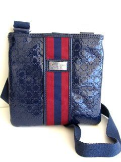 Small NS Shiny Cross Body Handbag, Navy Blue/Burgundy Stripe Shoes