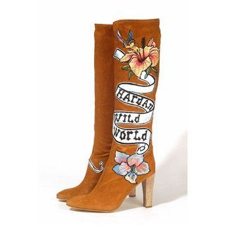 & Leather Knee Length Boots with Graphics and Signature Print Shoes