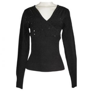 Black Long Sleeve V neck Sweater W/ Sequin Trimmed Front