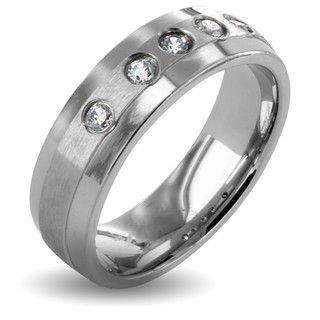 Stainless Steel Brushed Center Crystal Ring