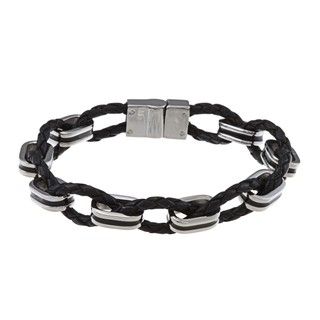 La Preciosa Stainless Steel Woven Leather and Oval Links Bracelet