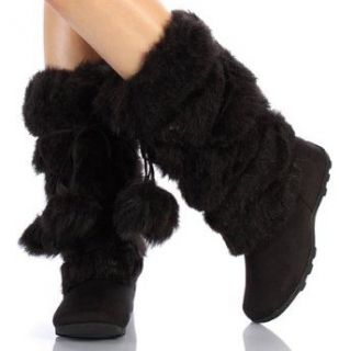  Black Mukluks Super Furry Pom pom Snow Winter Flat Boots Shoes