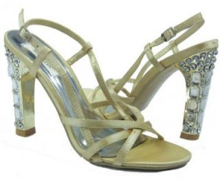  Gold Satin Huge Crystals Strappy Sandals Formal (6 B(M) US) Shoes