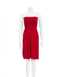 Strapless Seamless Red Smocking Tube Dress: Clothing