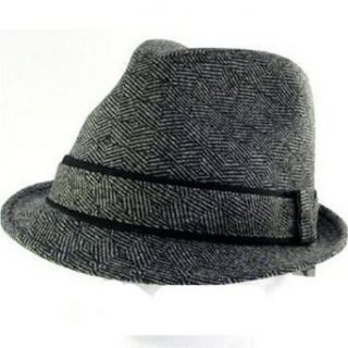 New Wool Check Herringbone Stingy Fedora Trilby Hat Black