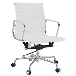 White Genuine Leather Ribbed Mid Back Office Chair