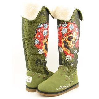 $205 Ed Hardy Snowblazer Green Nylon Boots Skull 5 Shoes