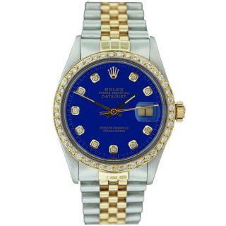 Pre owned Rolex Mens Datejust Two tone Blue Dial Diamond Watch