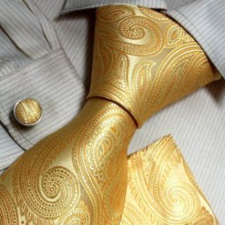 Gold Paisley Woven Silk Neckie Hanky Cufflinks Gift Box