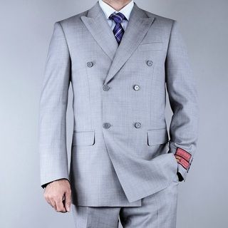 Mantoni Mens Classic Fit Textured Grey Double Breasted Wool Suit