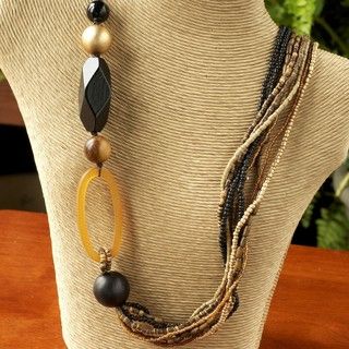 Golden Horn Medallion and Wood Bead Multi strand Necklace (Philippines
