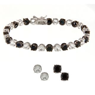 Silver Overlay Black Sapphire and White Topaz Bracelet and 2 Pairs