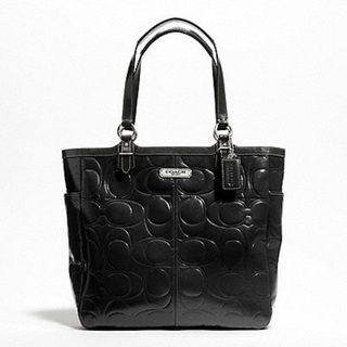 Coach Gallery Black Signature Embossed Patent Leather Tote Bag