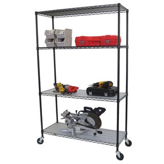 Trinity 4 Tier Black Wire Shelving with Wheels and Liners