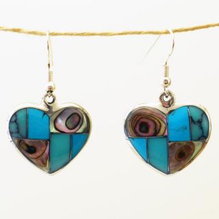 Turquoise and Abalone Heart Silver Earrings (Mexico)