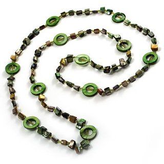 Green & Olive Long Shell Necklace (116cm): Jewelry