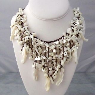 Cotton Bent Mother of Pearl Waterfall Bib Necklace (Thailand
