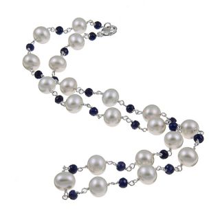 DaVonna Sterling Silver Freshwater Pearl and Sapphire Necklace (8 8.5