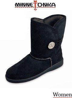 Moccasin Side Button Classic Pug 3541 Sheepskin Boots Black Shoes