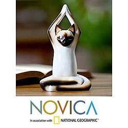 Handcrafted Wood Toward the Sky Yoga Cat Sculpture (Indonesia) Today
