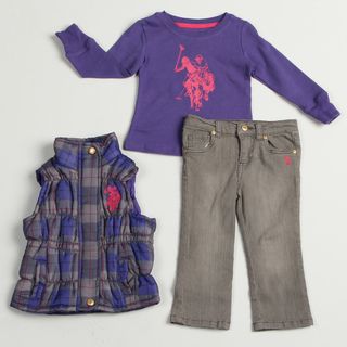 US Polo Toddler Girls 3 piece Shirt, Vest and Jean Set