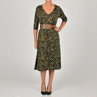 Tiana B Womens Green Animal Print Dolman Sleeve Dress