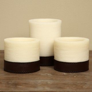Natural Light White and Brown Round Whipstitch Candles (Set of 3