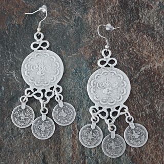 Silverplated Pewter Ottoman Script Coin Dangle Earrings (Turkey