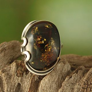 Sterling Silver Freeform Cognac Baltic Amber Ring (Lithuania) Today $