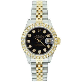 Pre owned Rolex Womens Datejust Two tone Black Dial Diamond Watch