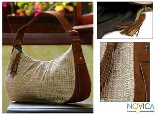 Leather and Cotton Cinnamon Oats Baguette Handbag (Guatemala