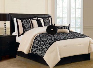 7 Piece Queen Lacy Flocking Ivory and Black Comforter Set