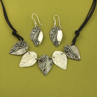 Handcrafted Pewter Two Tone Detailed Leaves Cord Necklace and Earrings