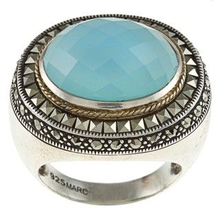 Sterling Silver Blue Chalcedony and Marcasite Cocktail Ring