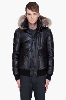 Mackage Black Leather Raccoon Fur Hood Shanu Jacket for men