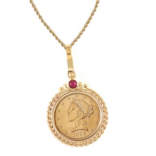 14k Gold Ruby $5 Liberty Gold Piece Half Eagle Coin Twisted Rope Bezel