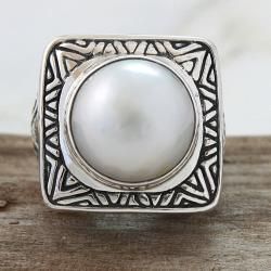 Sterling Silver Detailed Square Mabe Pearl Dome Ring (13 mm