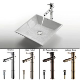 Kraus White Square Ceramic Sink/ Bamboo Bathroom Faucet See Price in