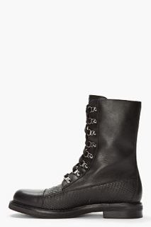 Pierre Balmain Black Leather Snakeskin Zippered Combat Boots  for men