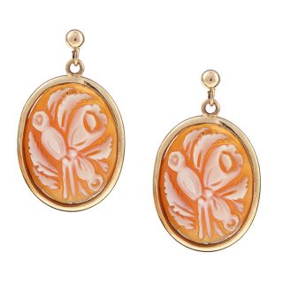 14k Yellow Gold Flower Shell Cameo Oval Earrings