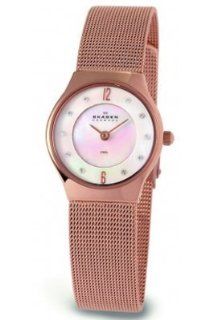 Skagen Womens 233XSRR Crystal Accented Mother of Pearl Copper Mesh